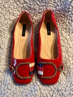 XRXC Red Patent Leather Square Toe Ballet Flats Rhinestone Buckle.
